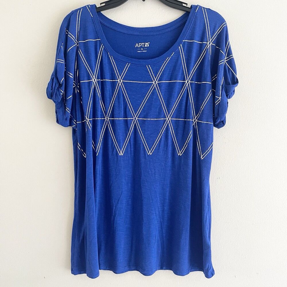 Apt 9 Knit Tshirt Top Size XL Womens Knit Blue Metallic Silver Geometric Cuffed